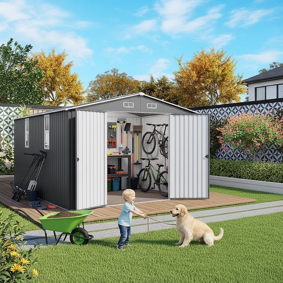 Vigo huseeo 10x12FT Metal Outdoor Storage Shed with Two Windows, Garden Tool Shed for Backyard Patio (Gray)