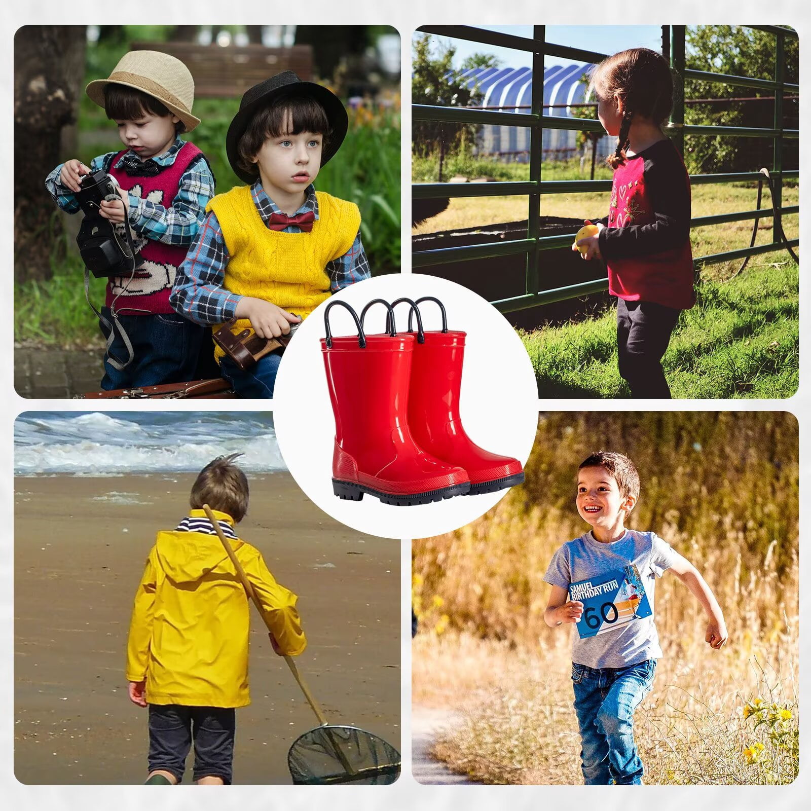 EUXTERPA Toddler Kids Waterproof Rain Boots Boys Girls Red Boots with Handles Big Kid Size 1