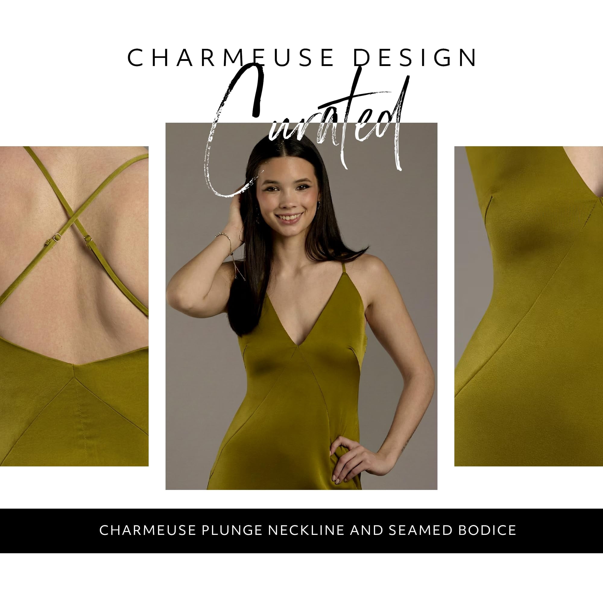 Kirablend Esme Charmeuse Plunge-Neck Seamed A-Line Gown