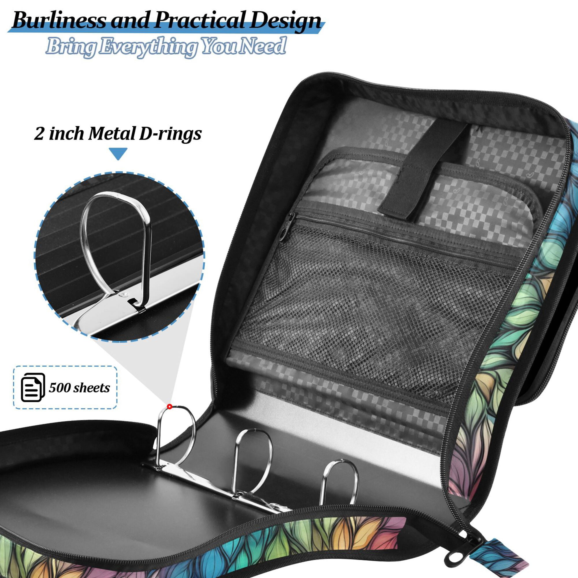 FORMRS Zipper Binder with Shoulder Strap 2-inch Ring 500 Sheet Capacity File Bag, Colorful Dragon Scales Pattern