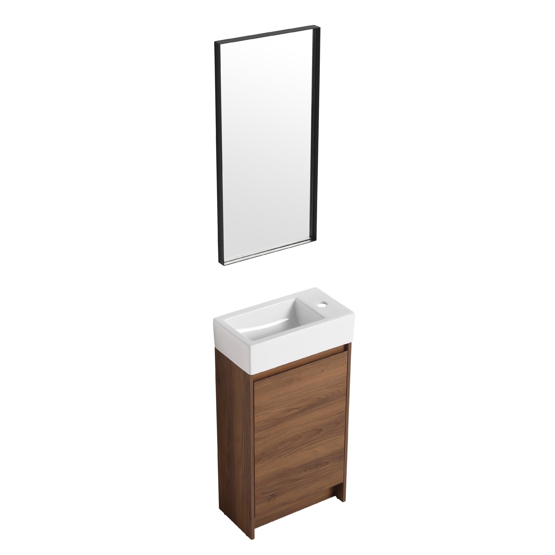 Noble House 18" Slim Freestanding Bathroom Vanity, Ceramic Sink, Soft-Close Door, Small Wall-Mount, Brown Ebony