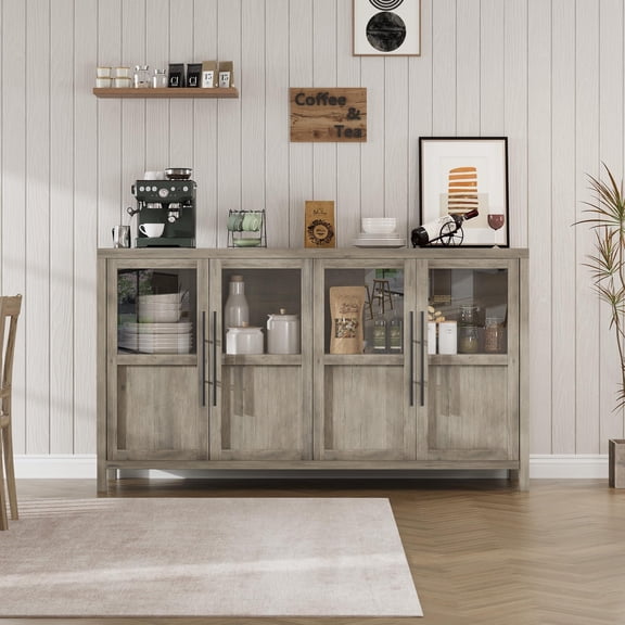 Grey 55 Inch 4 Glass Door Sideboard Buffet Cabinet Coffee Wine Bar Display Home Kitchen Living Room Table