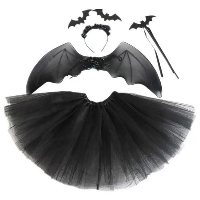 4 piezas de disfraz de Halloween para niñas, vestido de fiesta de malla negra con diadema, varita de alas de murciélago, accesorios de cosplay para fiesta de Halloween