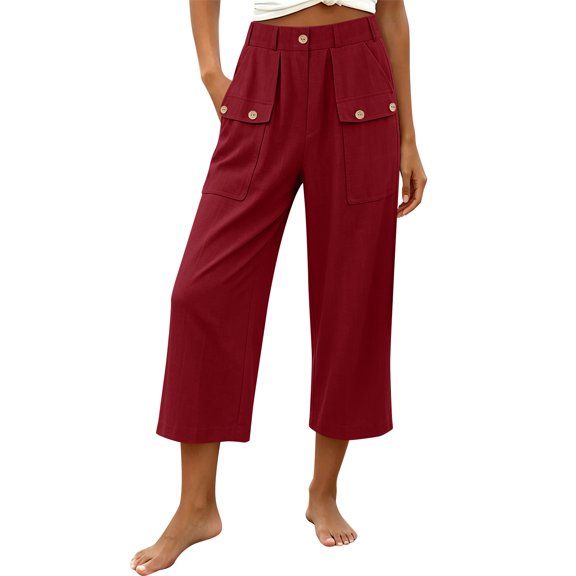 VV AVEORS Capris For Women Pull On Wide Leg Linen Cargo Pants Summer Buttons High Waist Beach Vacation Trousers With Pockets Wine L