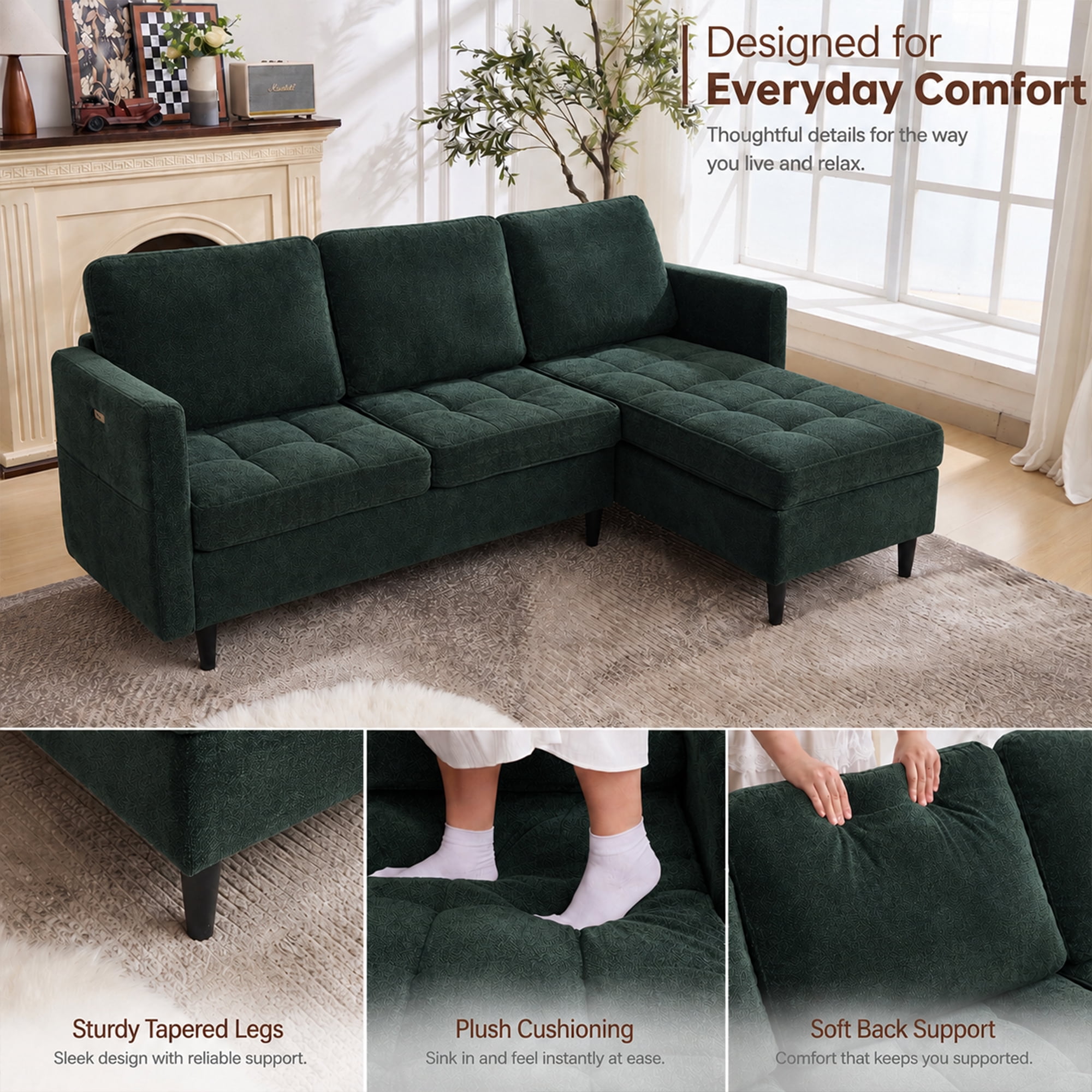 77.6" 4-in-1 L-Shaped Sectional Sleeper Sofa, Chenille Modular Couch with Storage Chaise, Usb/Type-C Ports & Side Pocket, Dark Green