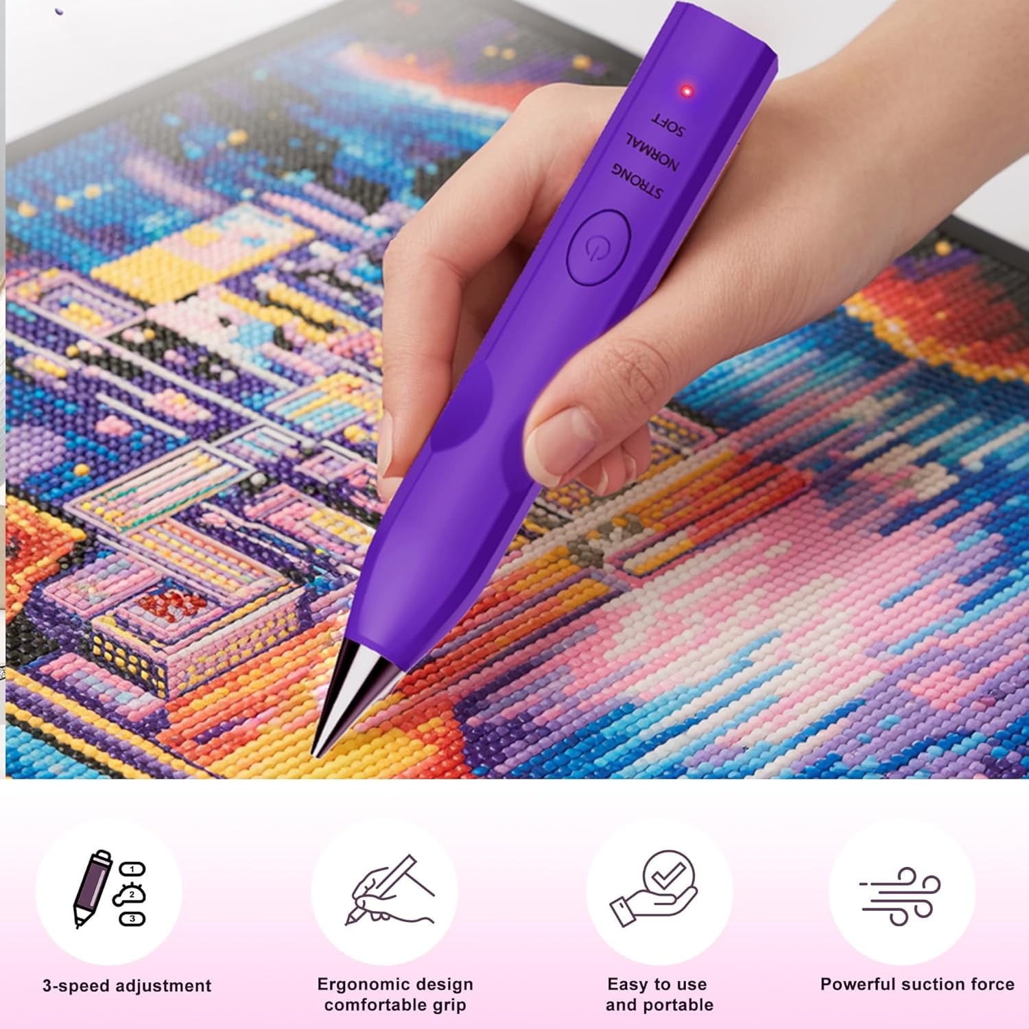 Diamond Art Painting Pen with Vacuum Pump, No Wax Needed, Lightweight Design, 3 Adjustable Suction Mode & Rechargeable, DIY Diamond Art Accessories and Tools(Purple)