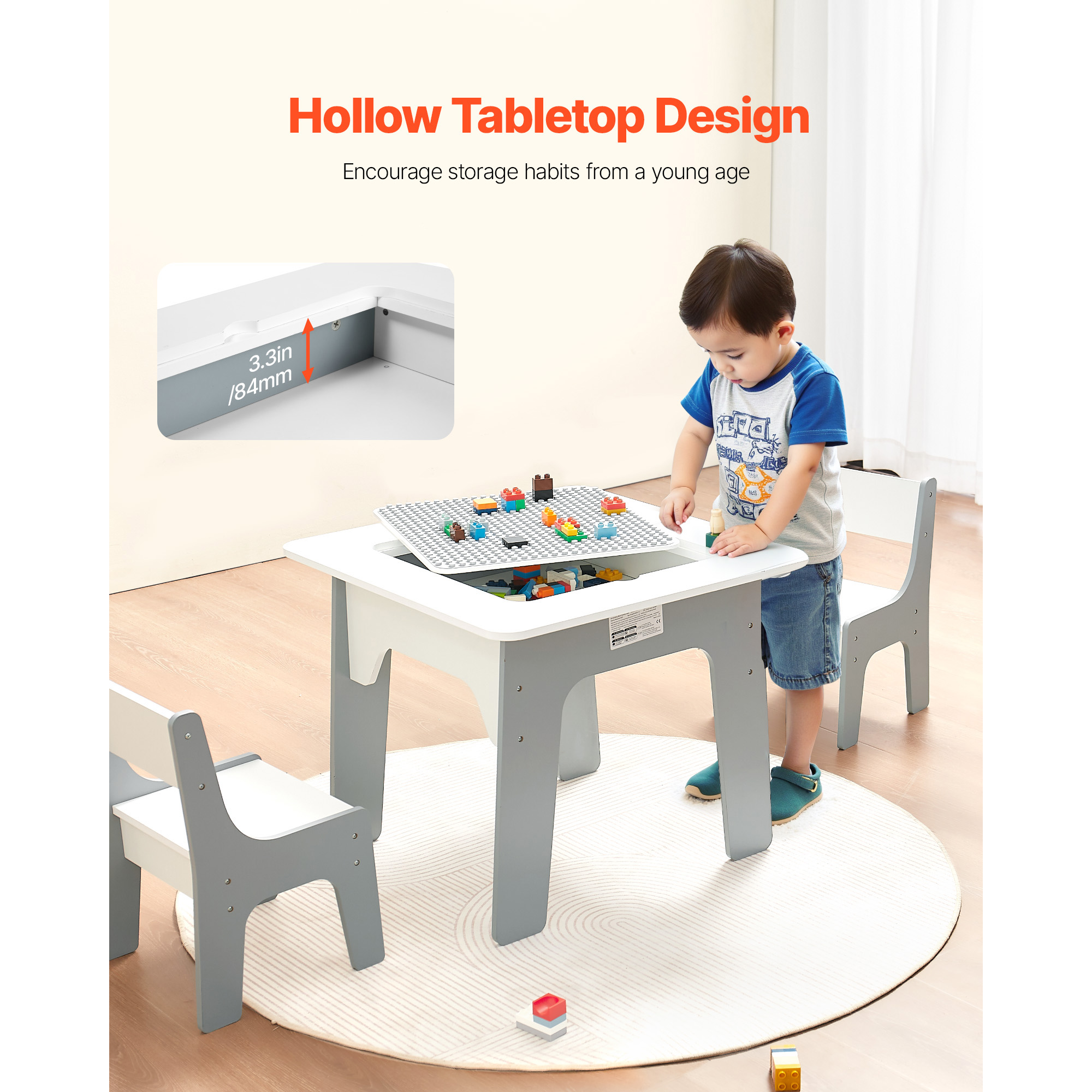 KFFKFF 4-in-1 Kids Activity Table and Chair Set, Double-Sided Tabletop for Drawing and Building Blocks, Play Table with Storage for Children Aged 3+, Spacious Design, Ideal Gift for Boys and Girls