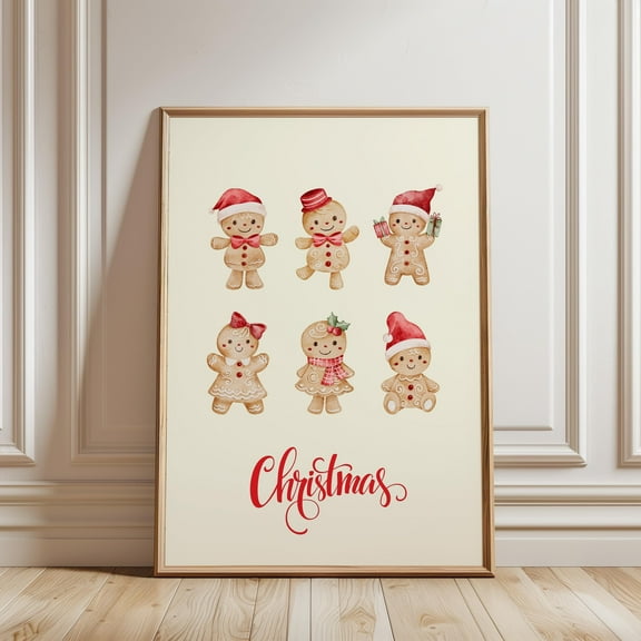 MSFCON Cute Gingerbread Christmas Wall Art Print, Festive Holiday Kitchen Poster, Watercolor Cookie Family for Cozy Home Decor
