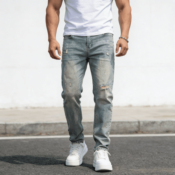 Men's 400g Heavyweight Stretch Jeans, Slim Fit Ripped Denim Pants with Light Blue Paint Splatter for Street Style, Comfortable and Durable