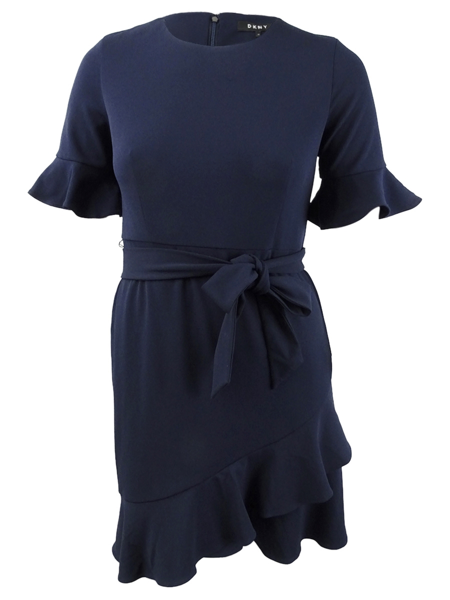 Belted Ruffle-Hem Scuba Crepe Dress 