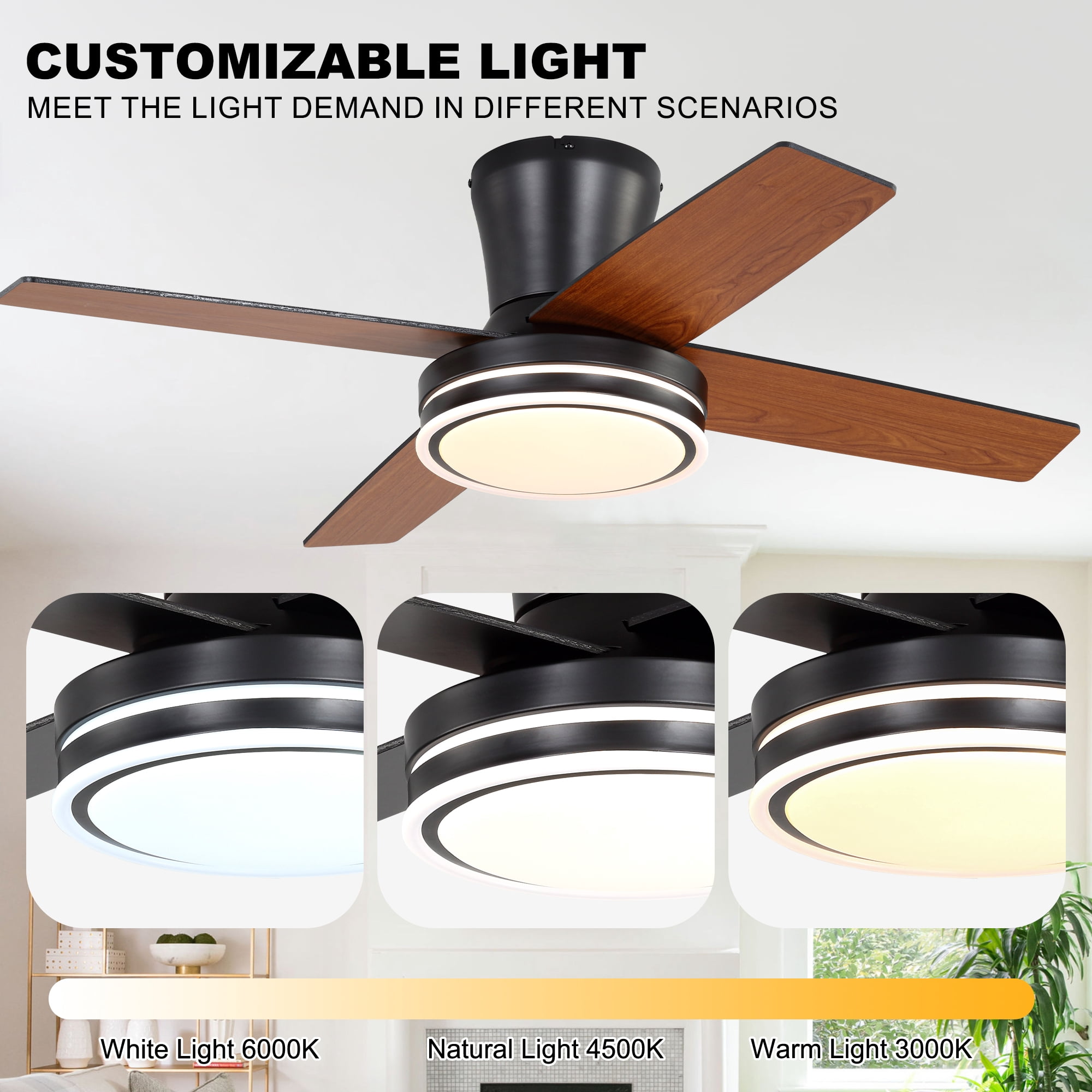 Chords Attic 44" Flush Mount Ceiling Fan with LED Light and Remote Control, 6-Speed DC Motor, 3 Color Temperatures, Reversible for Bedroom, Living Room and Dining Room