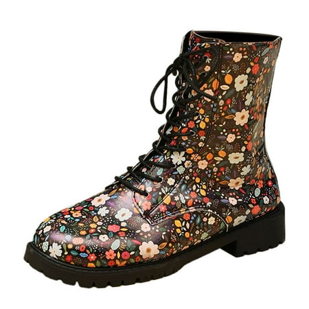 

Ladies Casual Vintage Floral Crushed Flower Printed Round Toe High Chunky Heel Solid Color Strappy Zipper Mid Calf Large Size Boots Ankle Boots Short Bootswide Calf Boots For Women Shoes For Women