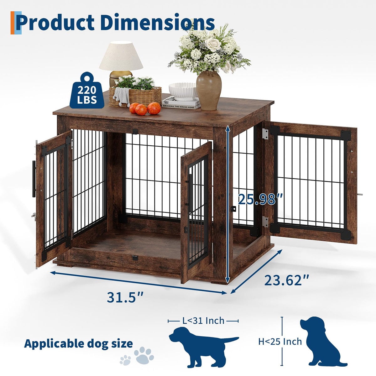 Ataucjin 31Inch Farmhouse Dog Crate Furniture with Double Doors, Heavy Duty Wooden Dog Kennel End Table for Small/Medium Dogs, Indoor Dog House Cage Anti-Chew Pet Furniture