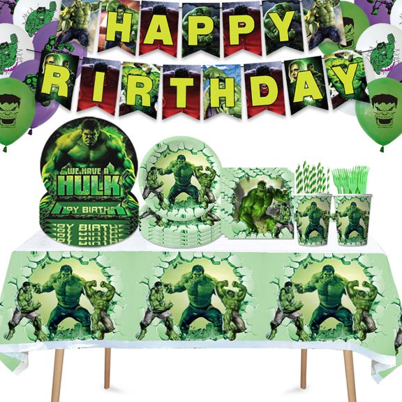 Hulk Happy Birthday Decorations-Hulk Birthday Party Supplies, Banners, Balloons, Disposable Tableware Set for Boys and Girls