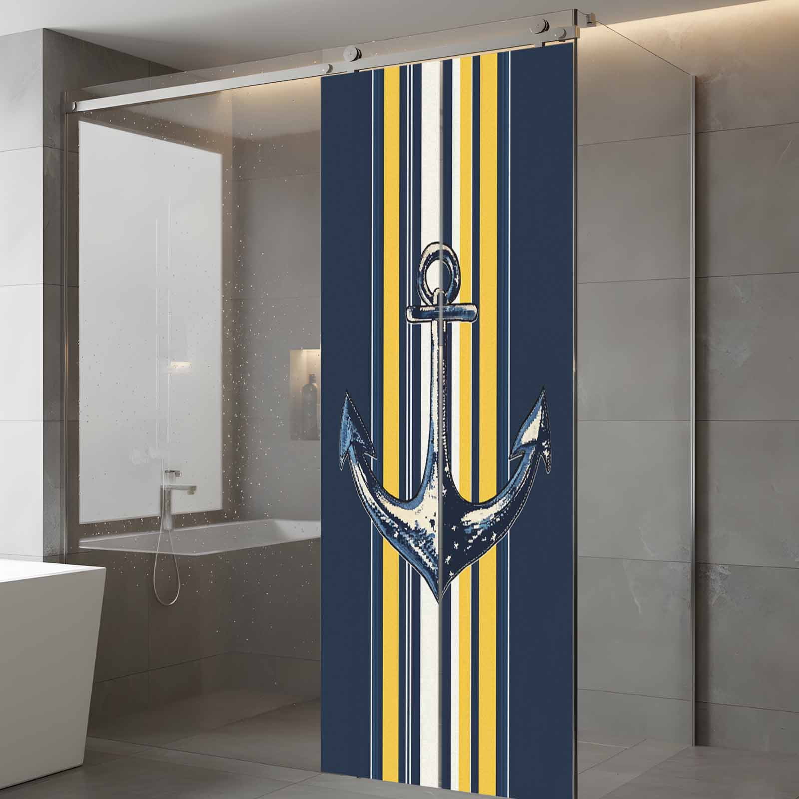 Vintage Anchor Window Privacy Film, Yellow Blue Striped Frosted Glass Window Clings Static Cling UV Heat Blocking Reusable Door Sticker for Bathroom 23.6 x 59 Inch