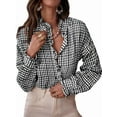 thumbnail image 2 of Women'S Plaid Ruffle V Neck Button Down Blouse Casual Long Sleeve Gingham Work Checkered Shirt Tops Black L, 2 of 9