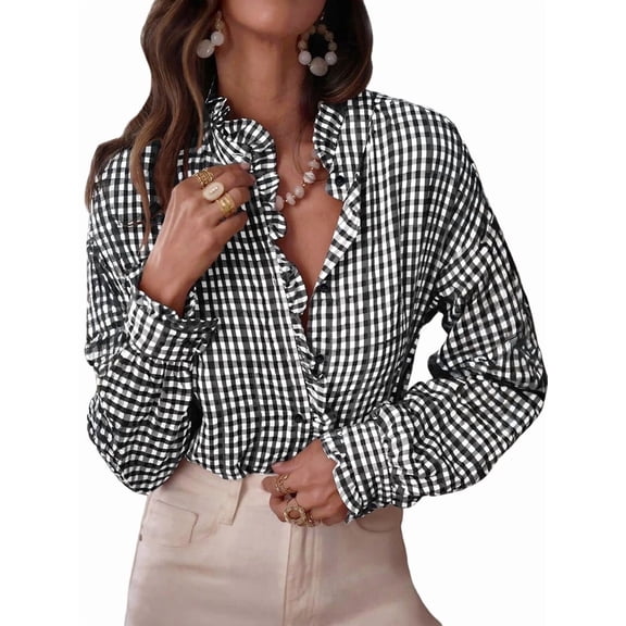 Women'S Plaid Ruffle V Neck Button Down Blouse Casual Long Sleeve Gingham Work Checkered Shirt Tops Black XXL