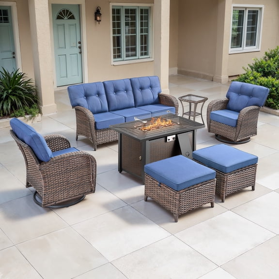 POCASSY Outdoor Wicker Patio Furniture Set with 43" Propane Fire Pit Table, Swivel Patio Chairs Set with Sofa Couch, Fire Pit Table and Ottoman