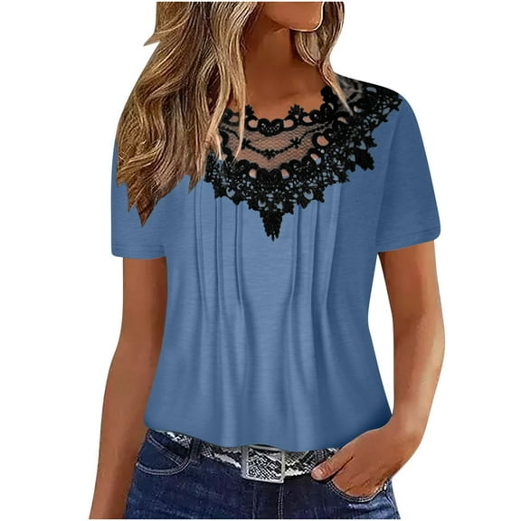 Lovskoo Summer Tops for Women 2024 Round Neck Short Sleeve Solid Color Trendy Fold Printed Regular Button Top Blue