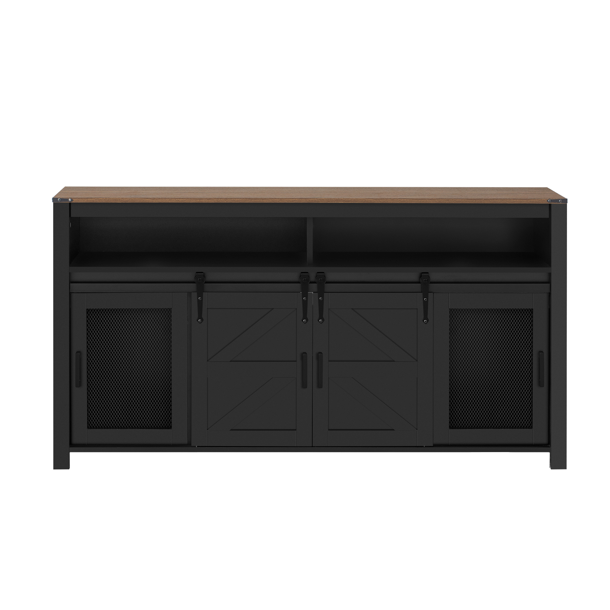 Euroco 59" Buffet Cabinet with Storage, Farmhouse Sideboard Cabinet with Sliding Barn Door and Open Storage Shelf,Wood Coffee Bar Table for Kitchen, Dining Room,Black