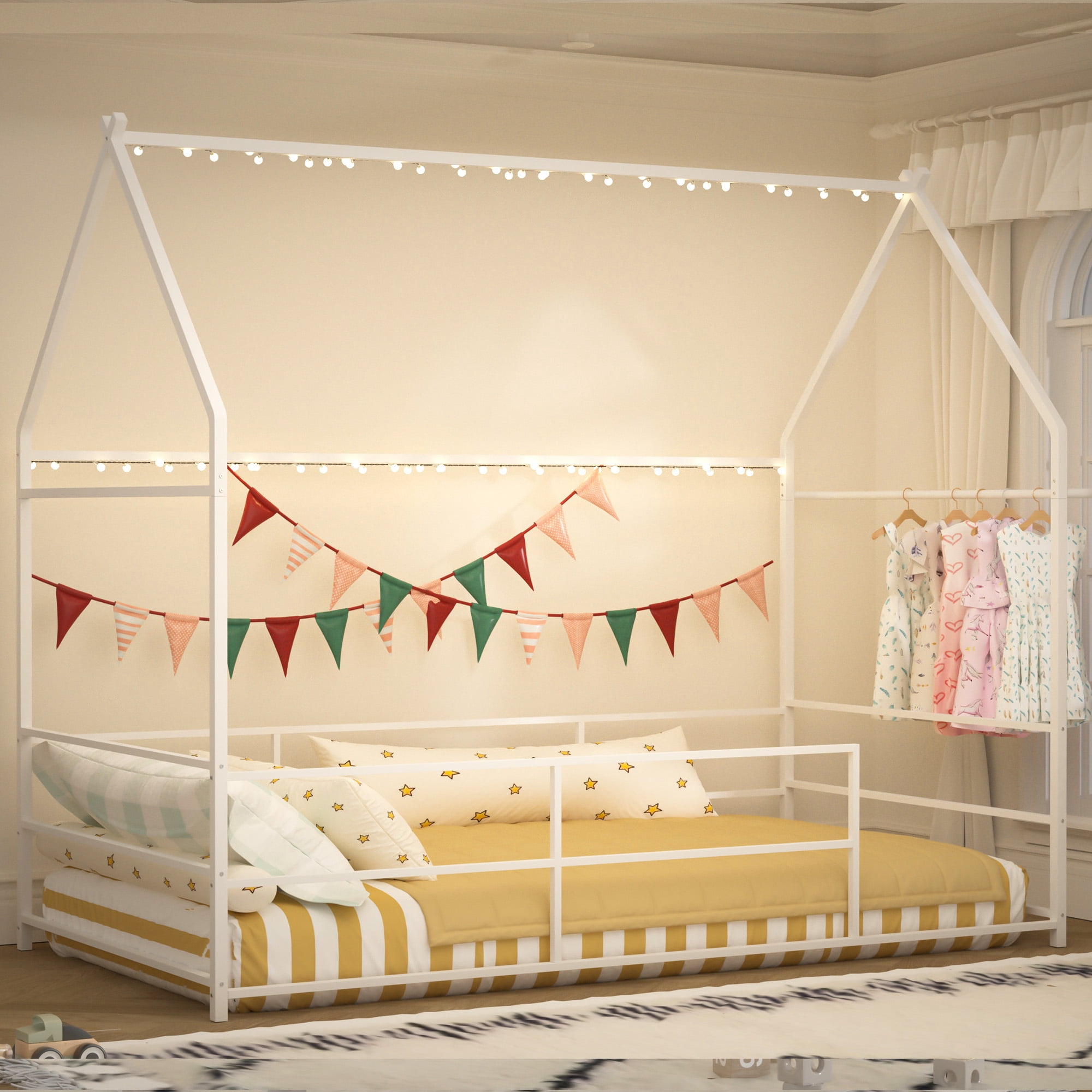 Joywind Twin Montessori Floor House Bed with Headboard, Footboard, Guardrails & Hanging Bar for Kids, Metal Bed Frame