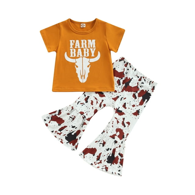 Sunloudy Toddler Girls Summer Outfit, Short Sleeve Cattle Head Print Tops + Geometric Pattern/Cow Print Flared Pants