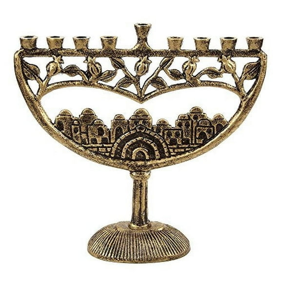 Ner Mitzvah, 8.5" Vintage Aluminum Candle Hannukah Menorah - Jerusalem Old City Design (Bronze)