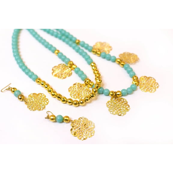 De-Lemon Turquoise Bead & Gold Filigree Pendant Layered Necklace & Earrings Set - Bohemian Glam
