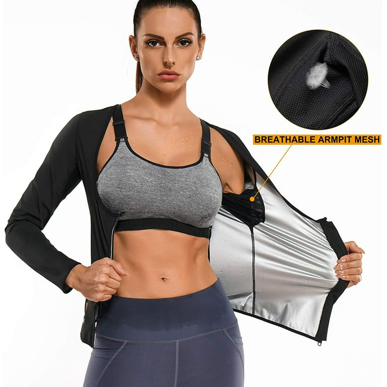 Sauna Suit for Women Sweat Body Shaper Jacket Hot Waist Trainer Long Sleeve  Zipper Shirt Workout Top