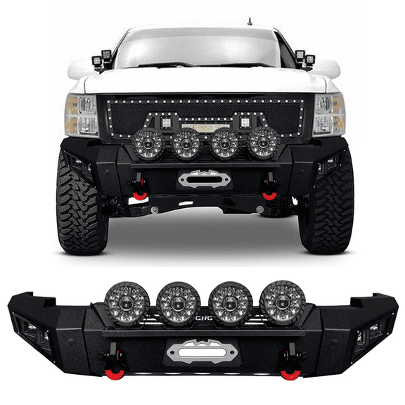 TIOYAR Compatible with 2007-2008-2009-2010-2011-2012-2013 Chevrolet Silverado 1500 Front Bumper Textured Black Steel With Winch Plate and Lights