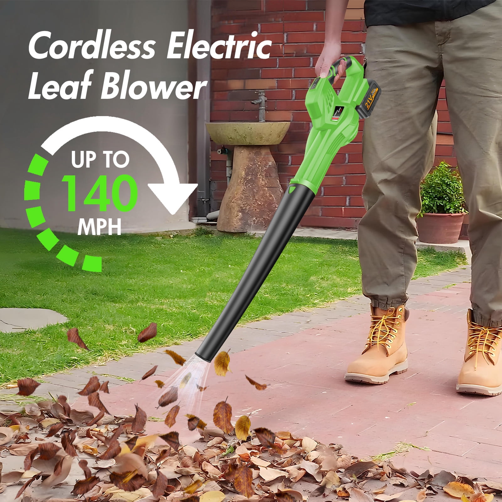Cordless Leaf Blower, 21V Leaf Blower with 1 Battery, 6-Speed Leaf Blowers for Lawn Care, Patio, Blowing Leaves, Green