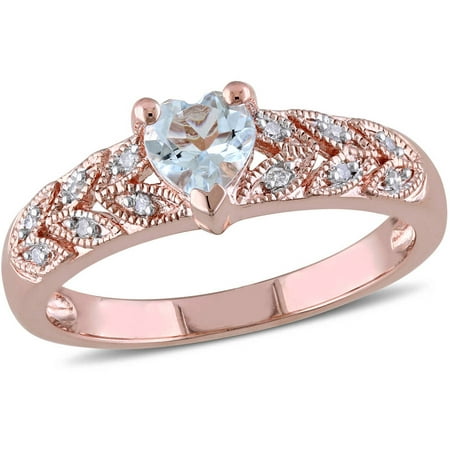 1/3 Carat T.G.W. Aquamarine and Diamond-Accent Pink Rhodium-Plated Sterling Silver Vintage Heart Engagement (Best Vintage Engagement Rings)