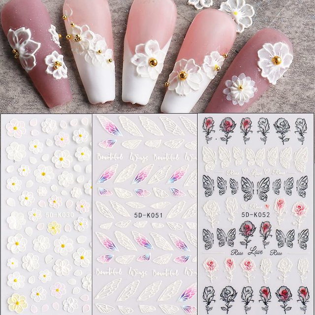 5d Exquisitas Flores Nail Art Pegatinas Rosa Mariposas Amor Calcomanías De Uñas Suministros De Uñas De San Valentín Decoraciones Plumas Diseño De Boda Láminas De Uñas Acrílico
