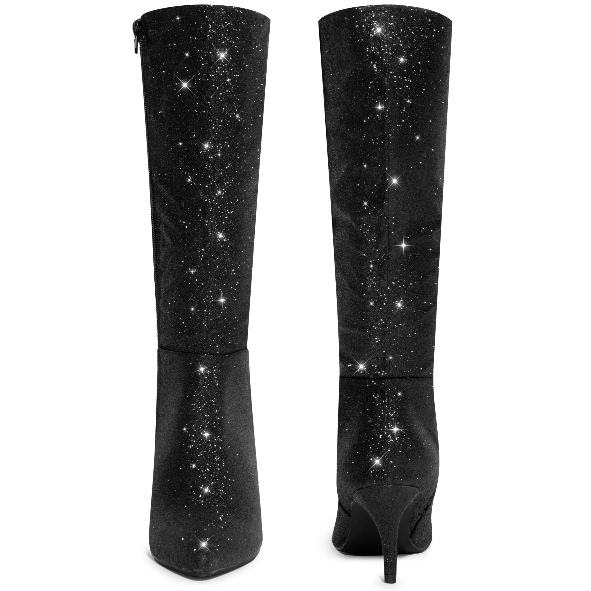 DARING DIVA Women's Pointed Toe Glitter Stiletto Heel Knee High Boots Black 7