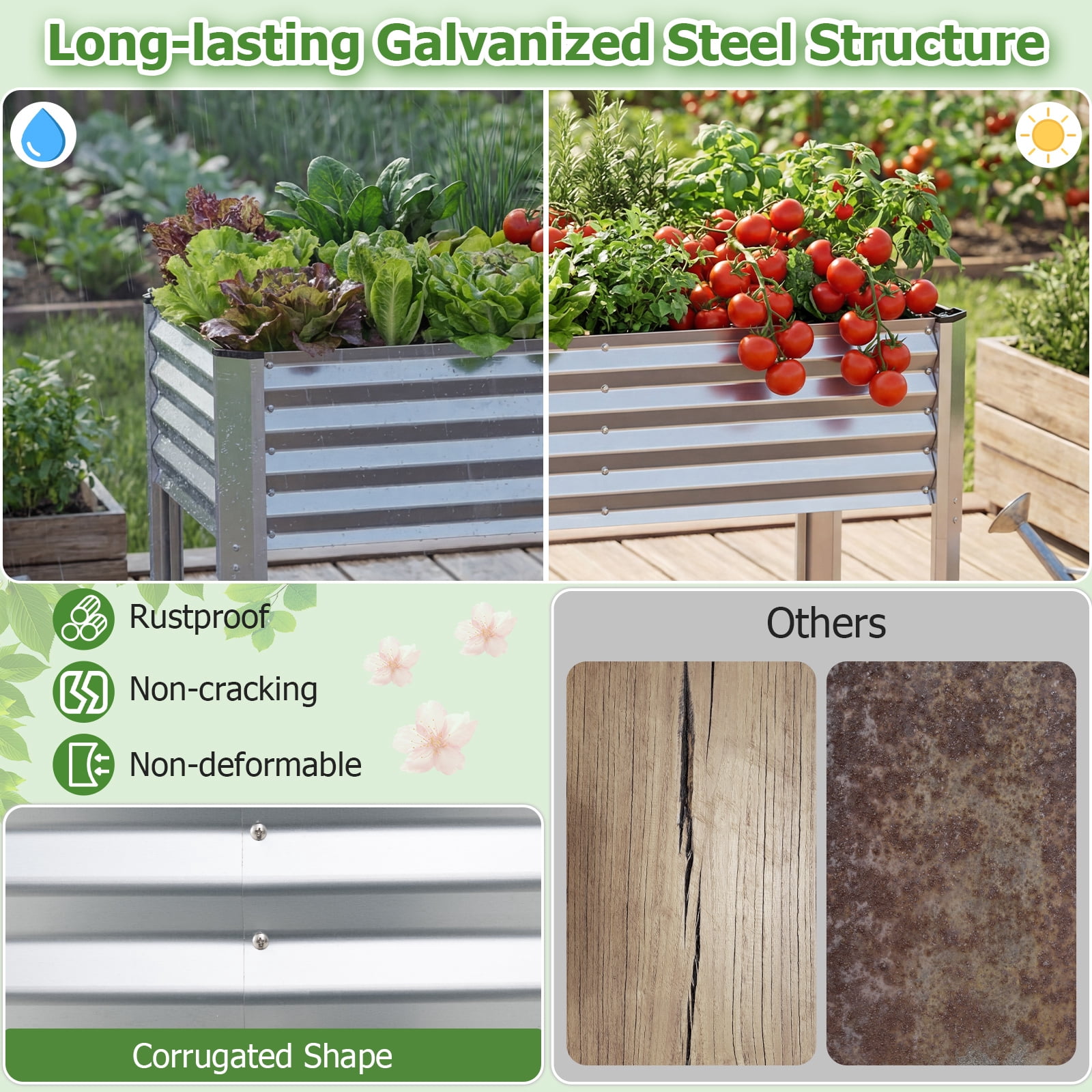 Costway 2 PCS Galvanized Raised Garden Bed with Legs, Metal Elevated Planter Box for Flowers Sliver