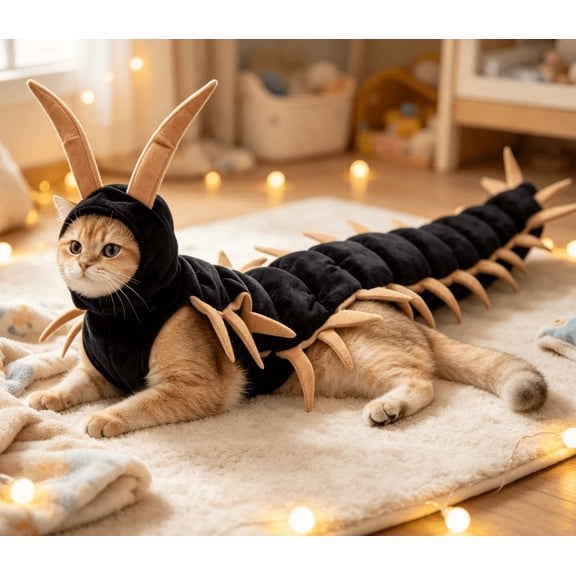 Cat Centipede Costume Small Cat Outfit | Red, For Halloween, Eye Catching, Vivid Cat Cloak, Pet Party, Pet Terrifying Dress Up, Adjustable(Gold)