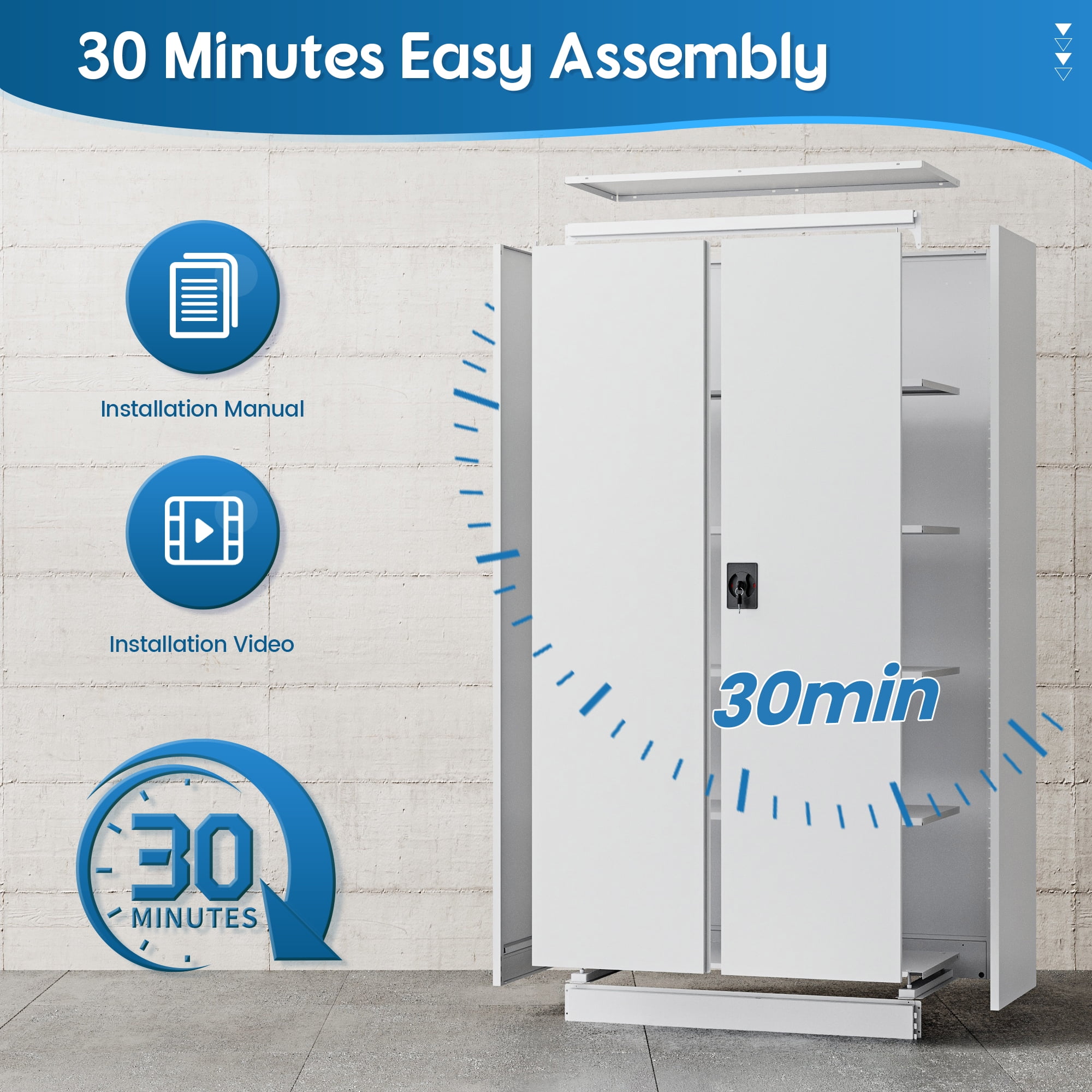 Fesbos Metal Garage Storage Cabinet,71" H Tall White Cabinet with 2 Doors and 4 Adjustbale Shelves,Lockable Tool Cabinet for Garage, Basement, Home Office