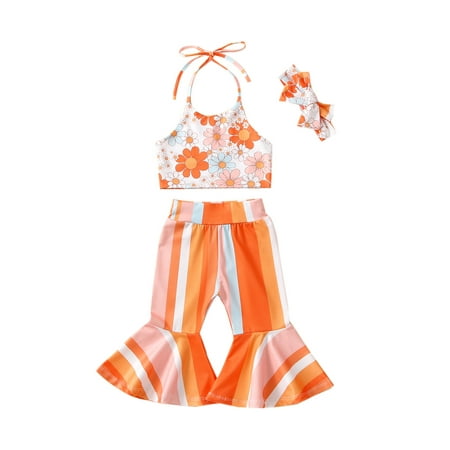 

Frobukio Toddler Baby Girls Summer Clothes 3Pcs Outfits Floral Halter Camisole Stripe Flare Pants Bow Headband Colorful 12-18 Months