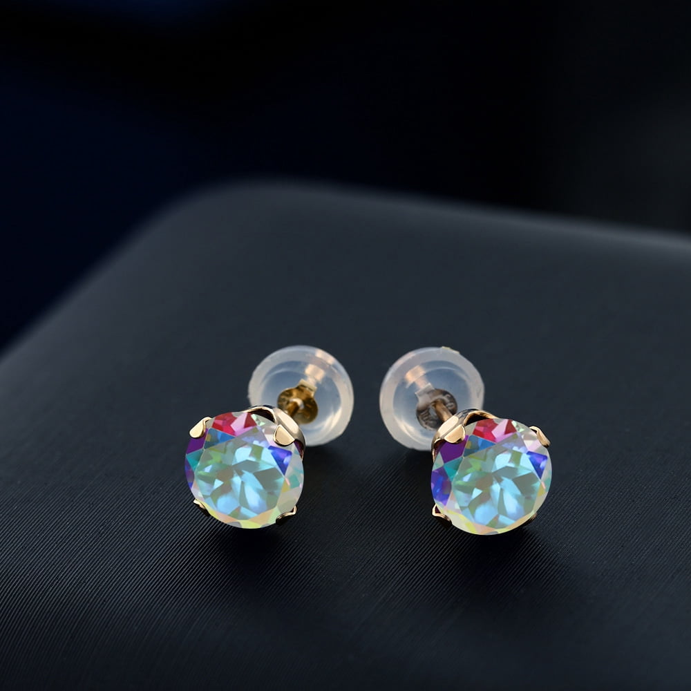 Gem Stone King 2.00 Cttw Mercury Mist Mystic Topaz 10K Yellow Gold Stud Earrings for Women Men | Gemstone Birthstone | Round 6MM
