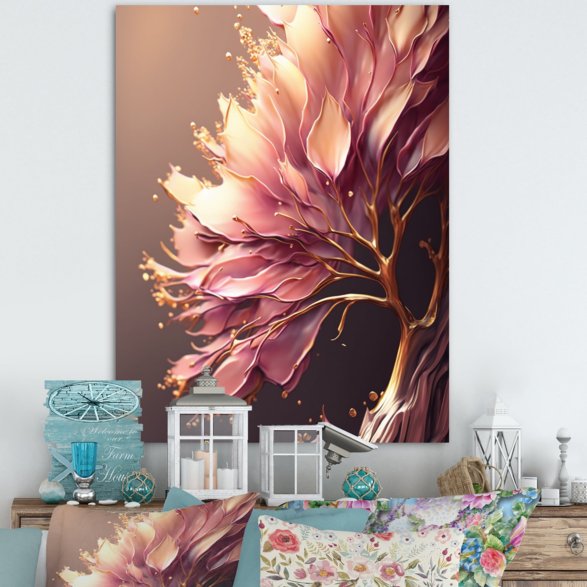 Designart Abstract Pink And Gold Leaves IV Canvas Wall Art