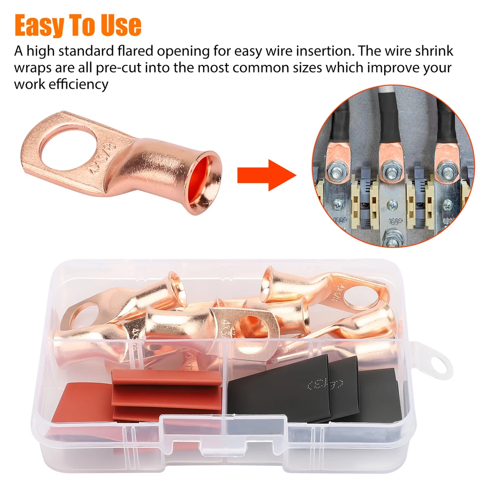 CIRCLE- 10X 4 Awg Gauge Copper Lugs + 10X Heat Shrink Ring Terminals Wire Connectors Kit