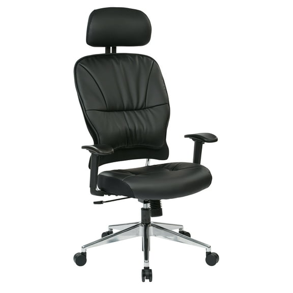 SPACE Seating Black Eco, Leather Seat and Back Managers Chair with Adjustable Arms and Polished Aluminum Finish Base.