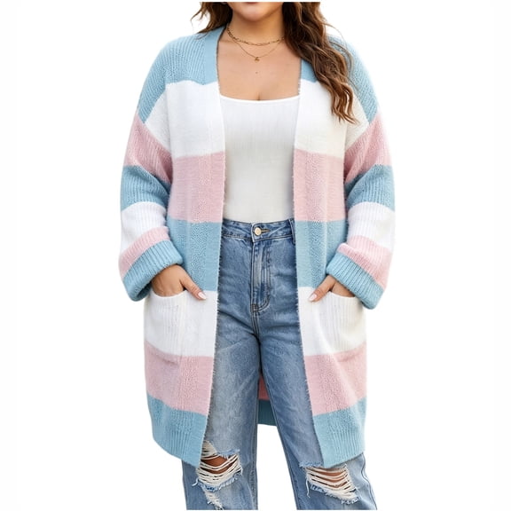 NSLGXD Plus Size Striped Cardigans for Women Open Front Long Sleeve Oversized Sweater Tops Casual Cozy Fall Winter Duster Cardigan with Side Pockets L-3XL