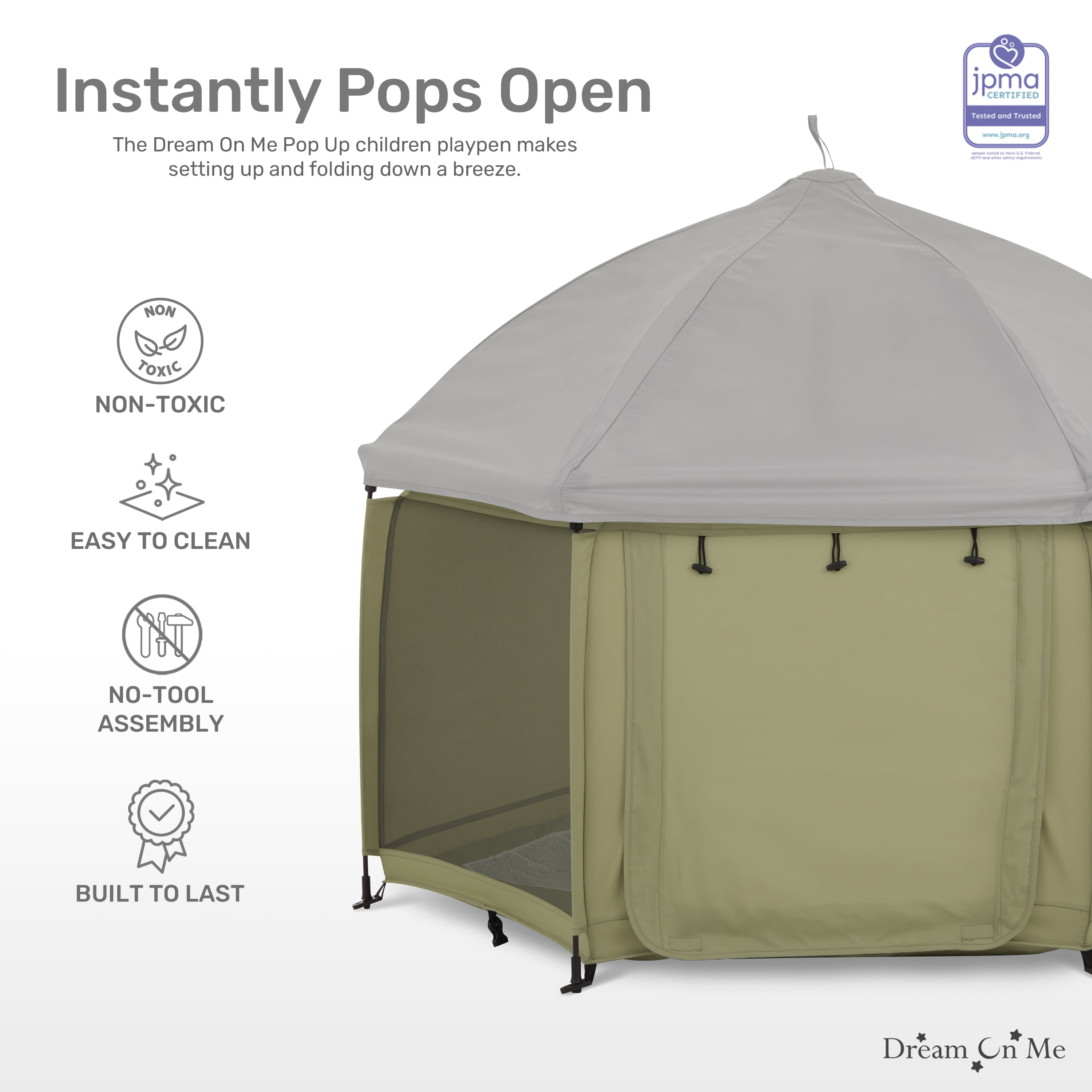 Dream On Me Pop Up Children Playpen, Easy Set-Up- Indoor Play House and Outdoor Play Tent with Canopy Cover, Taupe Green