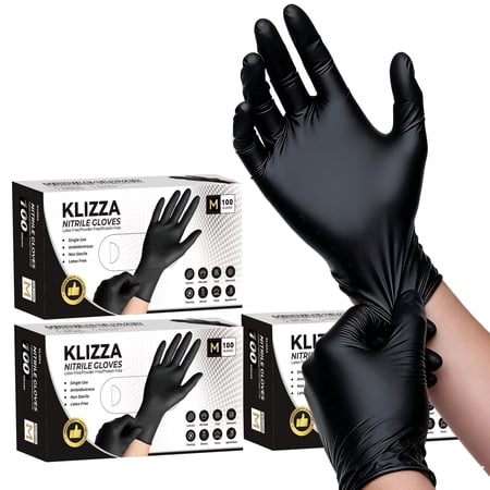 KLIZZA Black Nitrile Disposable Gloves 300 Count, 5 Mil Latex-Free and Powder-Free, Safe for Food Processing, Kitchen, Cooking, Tattoo, Auto Repair & Maintenance (M Size)