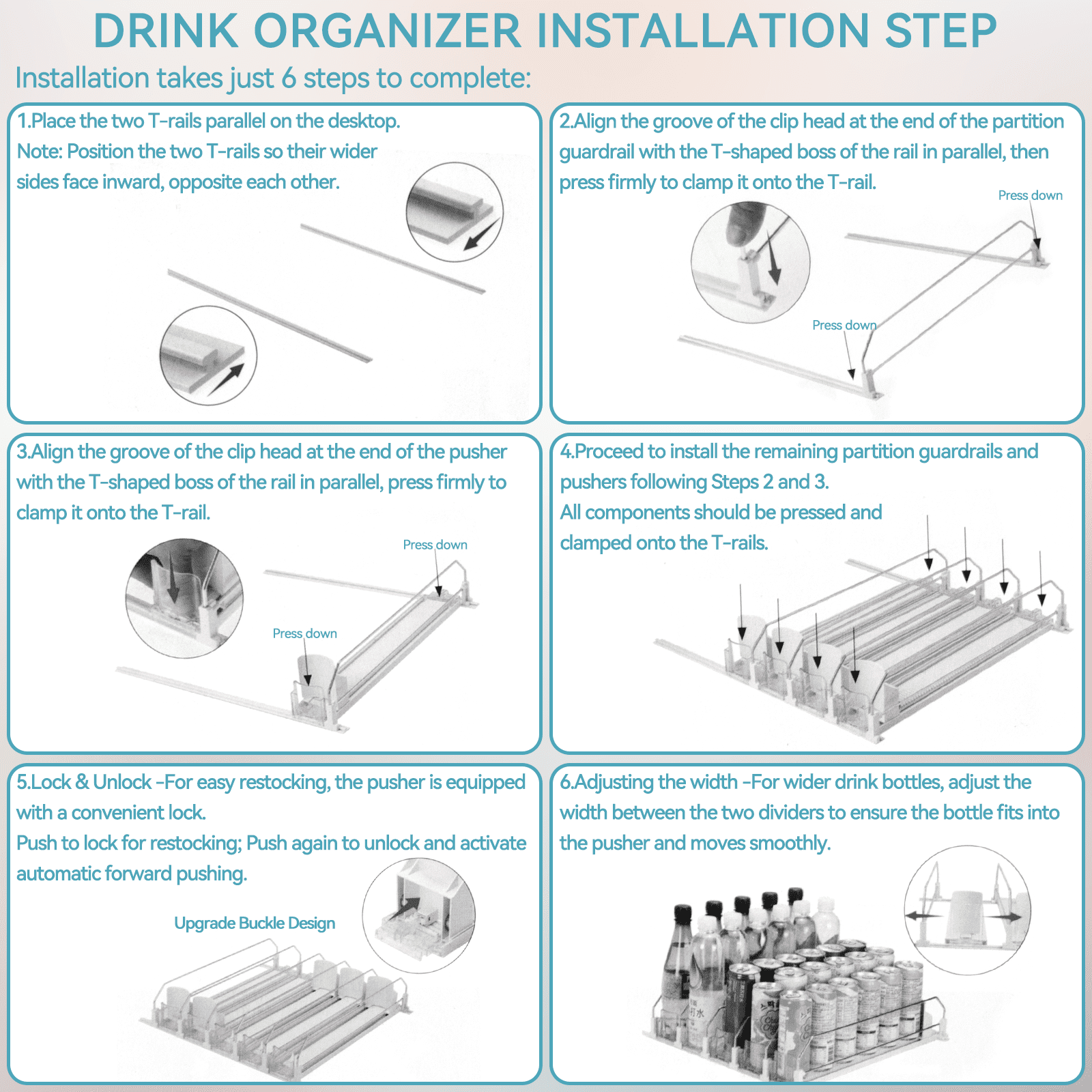 CZS Drink Organizer for Fridge, 6-Row Automatic Can Dispenser with Adjustable Width, Self-Pushing Soda & Bottle Rack Holds 15 Cans, Space-Saving White Design