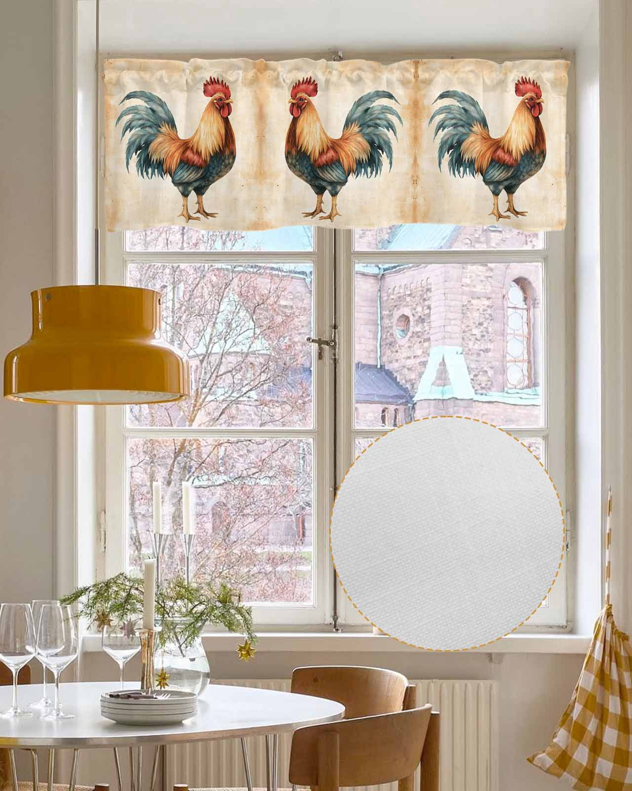 Farmhouse Rooster Kitchen Valances for Windows Farmhouse Linen Window Valance Curtain for Living Room Window Treatment Vintage Country Animals Print Valance Rod Pocket Topper Drape, 60 x 18 Inch