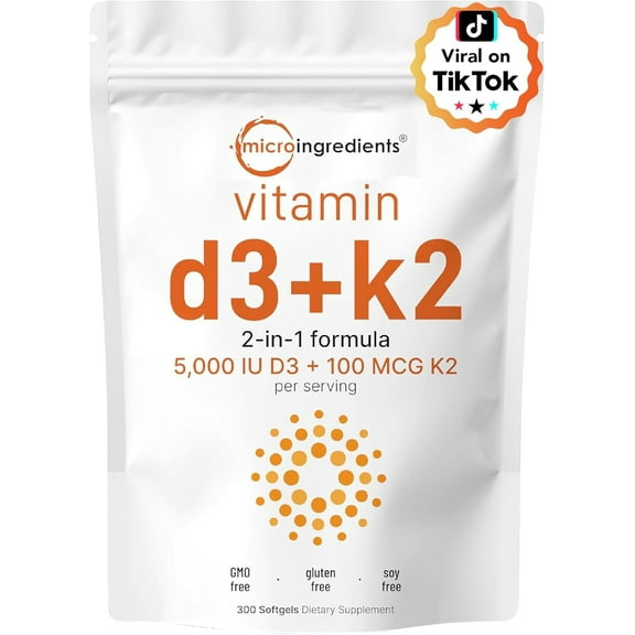 Micro Ingredients Vitamin D3 5,000iu with K2(MK-7) 100mcg, 300 Softgels | 2 in 1 Support Immune, Heart, Joint, Teeth & Bone Health