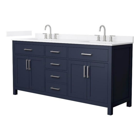 Beckett 72" Dark Blue Double Vanity & White Quartz Top (3-Hole) & Nickel Trim