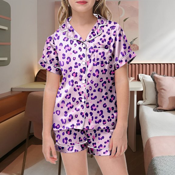 BOOMNY Girls 2 Peice Pajamas Sets Graphic Short Sleeve Buttons Sleepwear Tops Shorts Pjs Set for Kids Cozy Loungewear Homewear